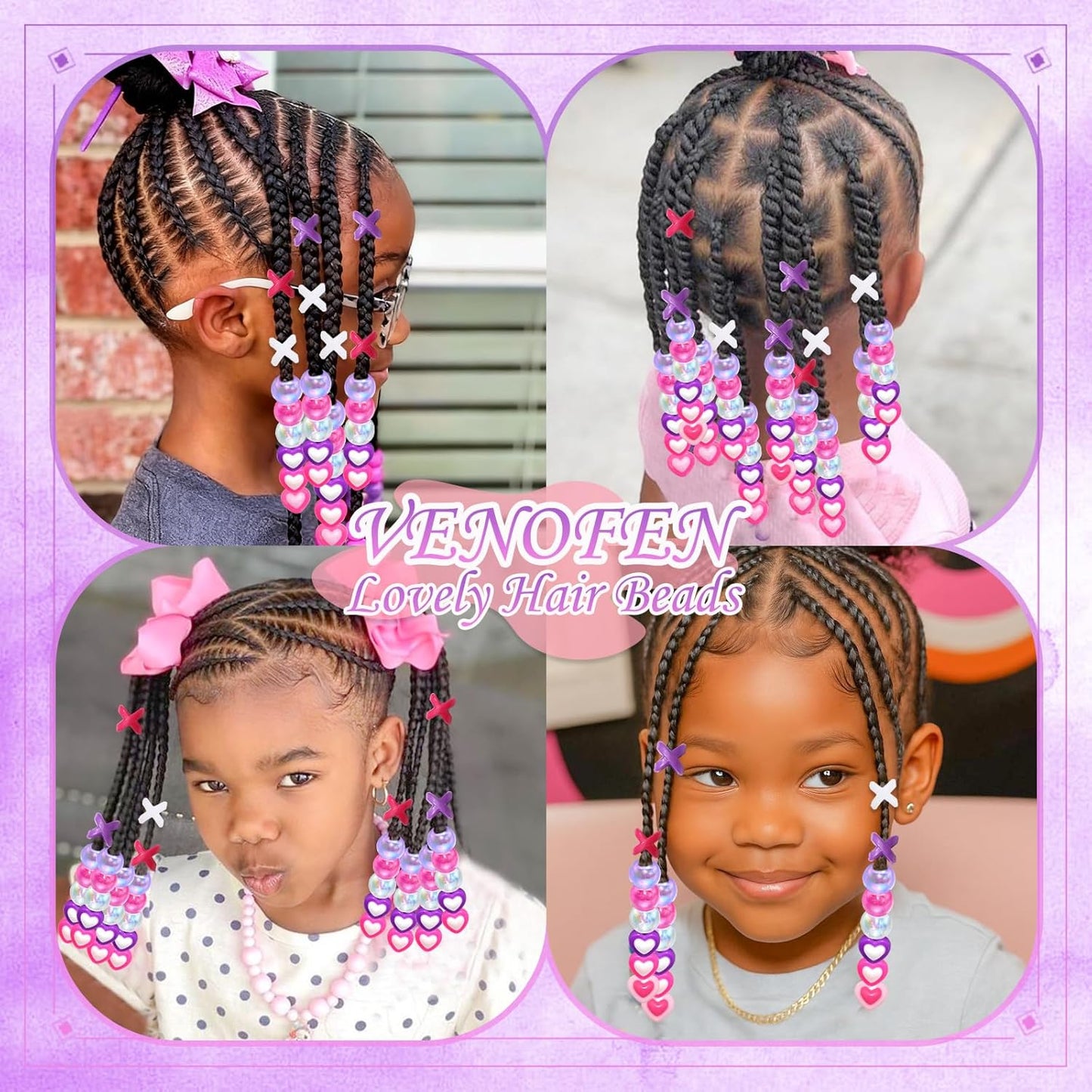 60PCS Purple Braids Beads 3 Styles Dreadlock Bead Accessories Cute Hair Jewelry AB Round Bead Decoration for Kids Girls