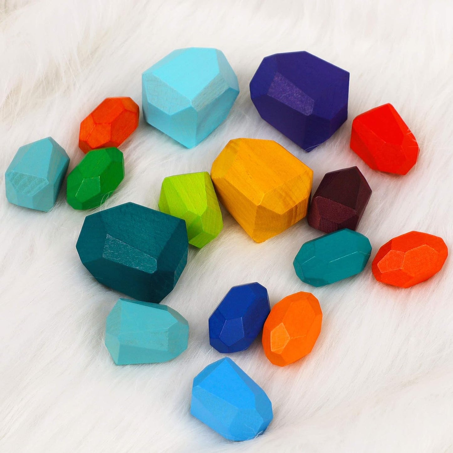 Cllayees 16 Pcs Wooden Stacking Blocks Rocks Building Toys, Colored Solid Wood Stones Pre-School Educational Games Creative Toys for Kids Toddlers