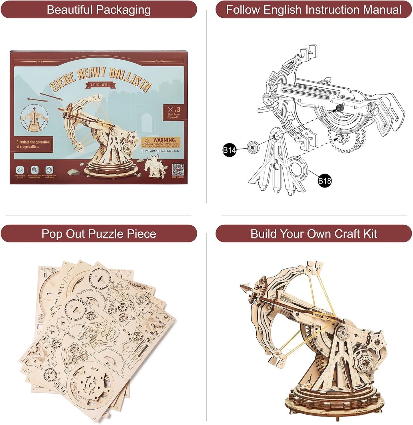 Rowood 3D Wooden Puzzles Catapult Kit for Adults, DIY Catapult Mechanical Wooden Model Kits Toys to Build for Adult, Cool Birthday Gift Choice