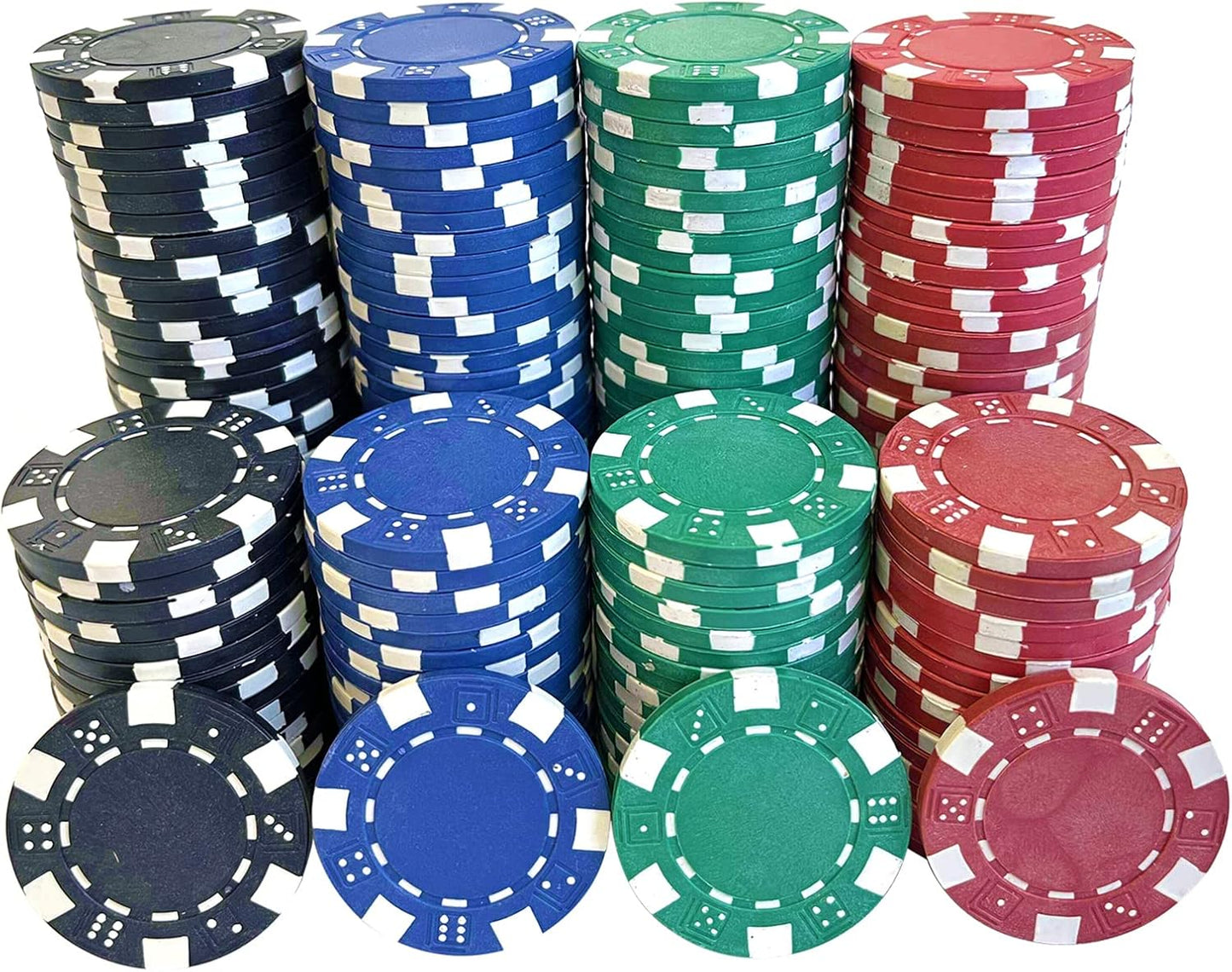 SEETOOOGAMES 100 Pieces 11.5g Clay Composite Dice Striped Casino Poker Chips- 4 Colors (red, Green, White and Blue)