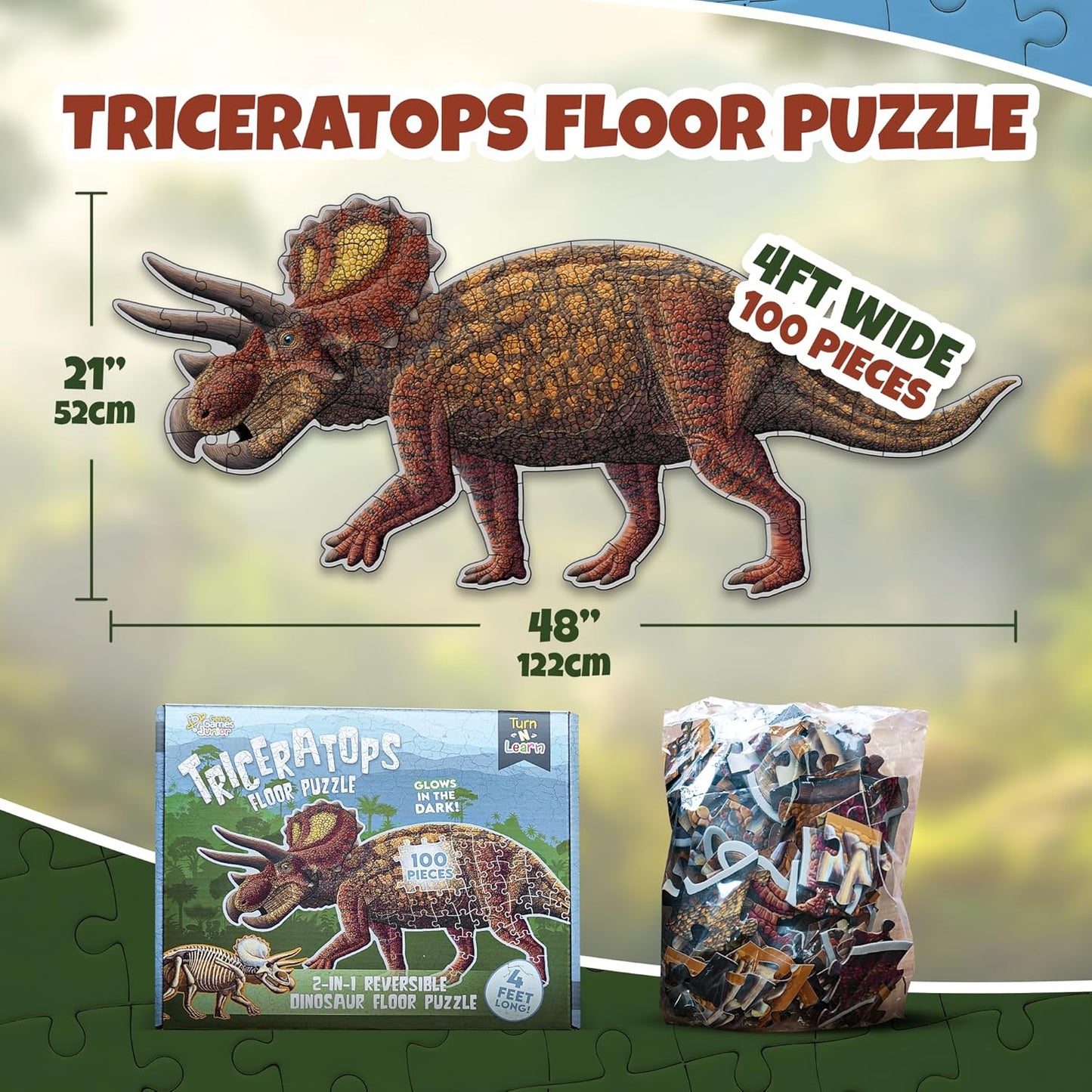 Tyrannosaurus Rex Dinosaur Jigsaw Puzzle | 100-Piece Double Sided Floor Puzzle with Glow-in-The-Dark Skeleton On Other Side | 4 FT Scientifically Accurate Dino Illustration | Educational Toy for Kids