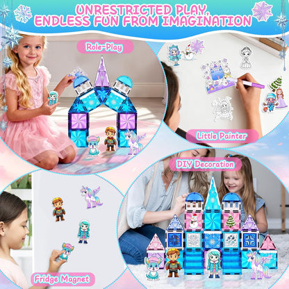 Diamond Magnetic Tiles Unicorns Princess Castle with Magnetic Art Decor Kit, Unicorn Toys for Girl 3 4-6-8, Magnet Tiles for kids 4-8 5 6 7+ Girl Gifts,Magnet Toys Include 5 Dolls,Rainbow,Candy,Decors