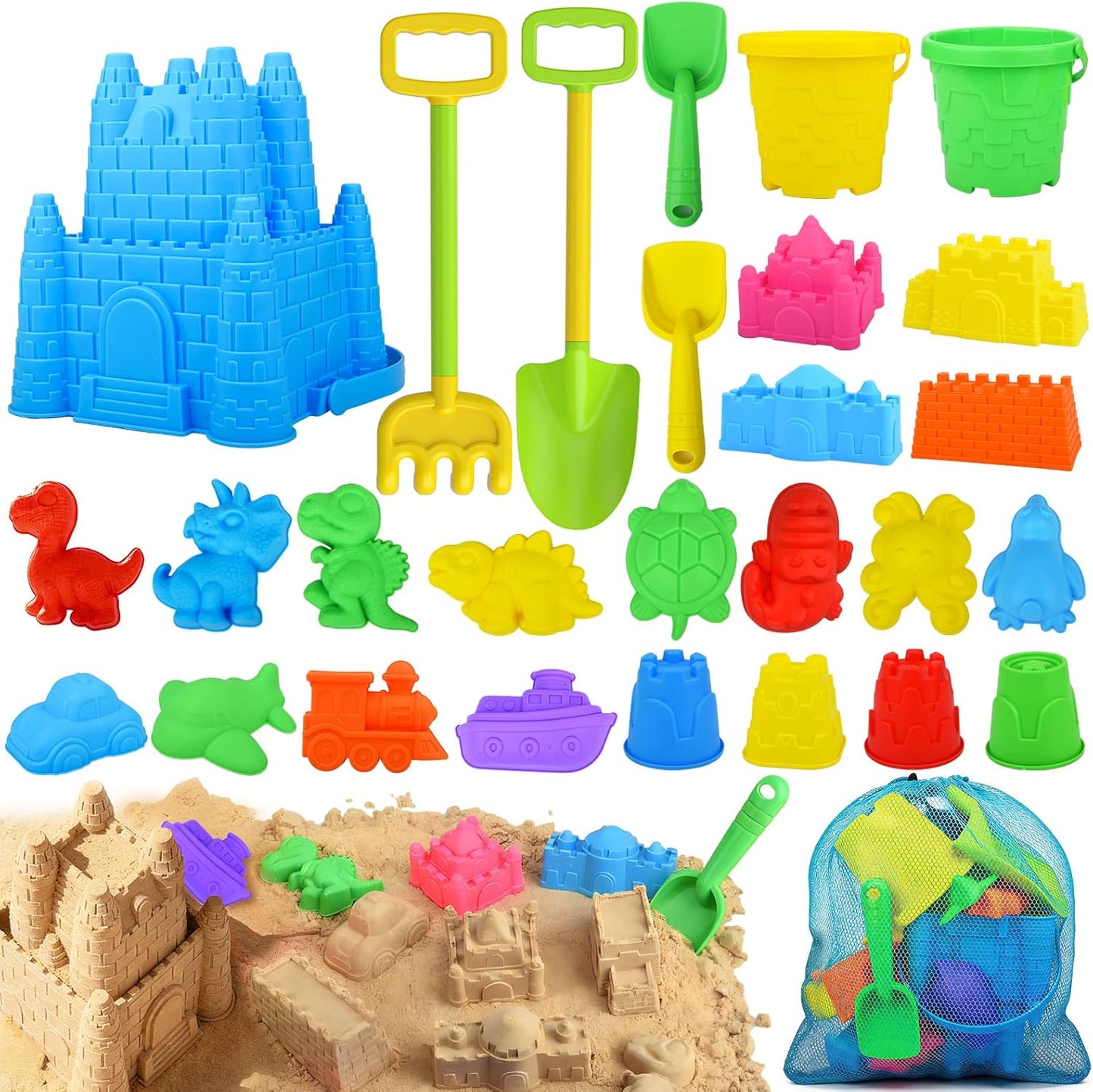 Beach Toys for Kids,28PCS Sand Castle Building Kit with 3 Castle Bucket and Sand Molds,Shovels and Rakes,Mesh Bag,Sandbox Toys for Toddlers,Outdoor Travel Beach Toys for Kids Boys Girls Age 3-10