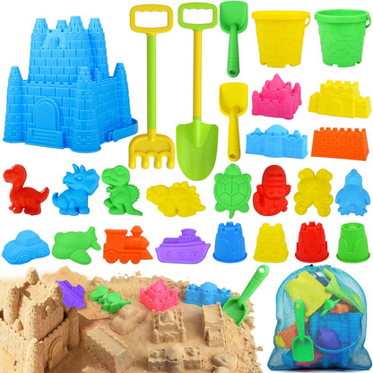 Beach Toys for Kids,28PCS Sand Castle Building Kit with 3 Castle Bucket and Sand Molds,Shovels and Rakes,Mesh Bag,Sandbox Toys for Toddlers,Outdoor Travel Beach Toys for Kids Boys Girls Age 3-10