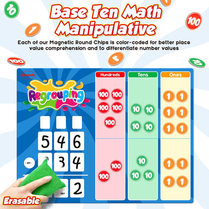 Aizweb Regrouping Base Ten Place Value,9" x 12" Dry Erase Whiteboard,Addition and Subtraction Math Manipulatives,Magnetic Dry Erase Board Teaching Student Classroom Must Haves Homeschool Supplies