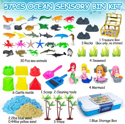 Bloolilies Sensory Bin, 59 Pcs Farm Sensory Sand Box Kits with Sandbox & Farm Animals & Tractor Playset, Play Sand Art Kit Magic Sand Toys for Boys Girls Toddlers Birthday Gift for Kids