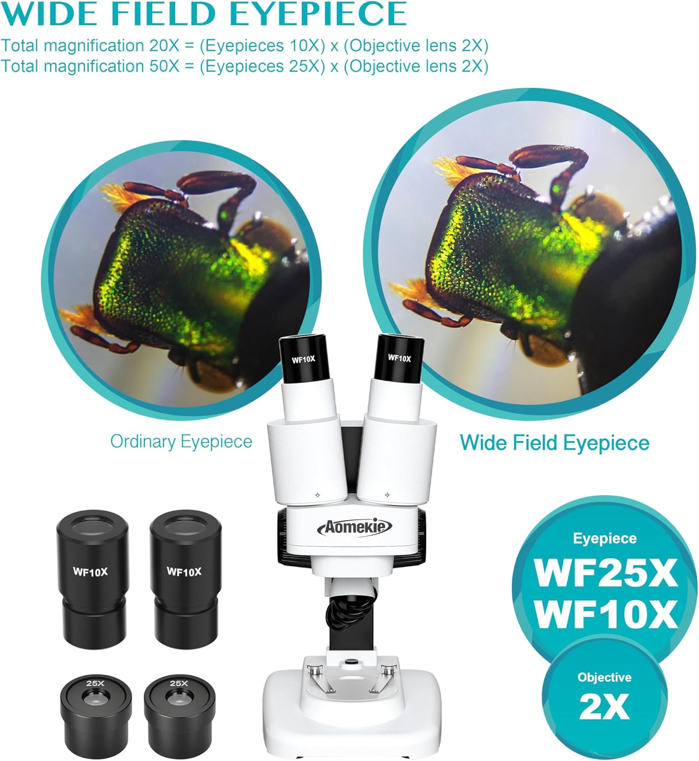 Aomekie® Microscope 20X 50X with 10Pcs Slides Insect Specimen Stereo Microscope with WF eyepieces LED Light Source Portable Stereoscope 12Pcs Mineral specimens