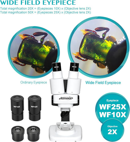 Aomekie® Microscope 20X 50X with 10Pcs Slides Insect Specimen Stereo Microscope with WF eyepieces LED Light Source Portable Stereoscope 12Pcs Mineral specimens