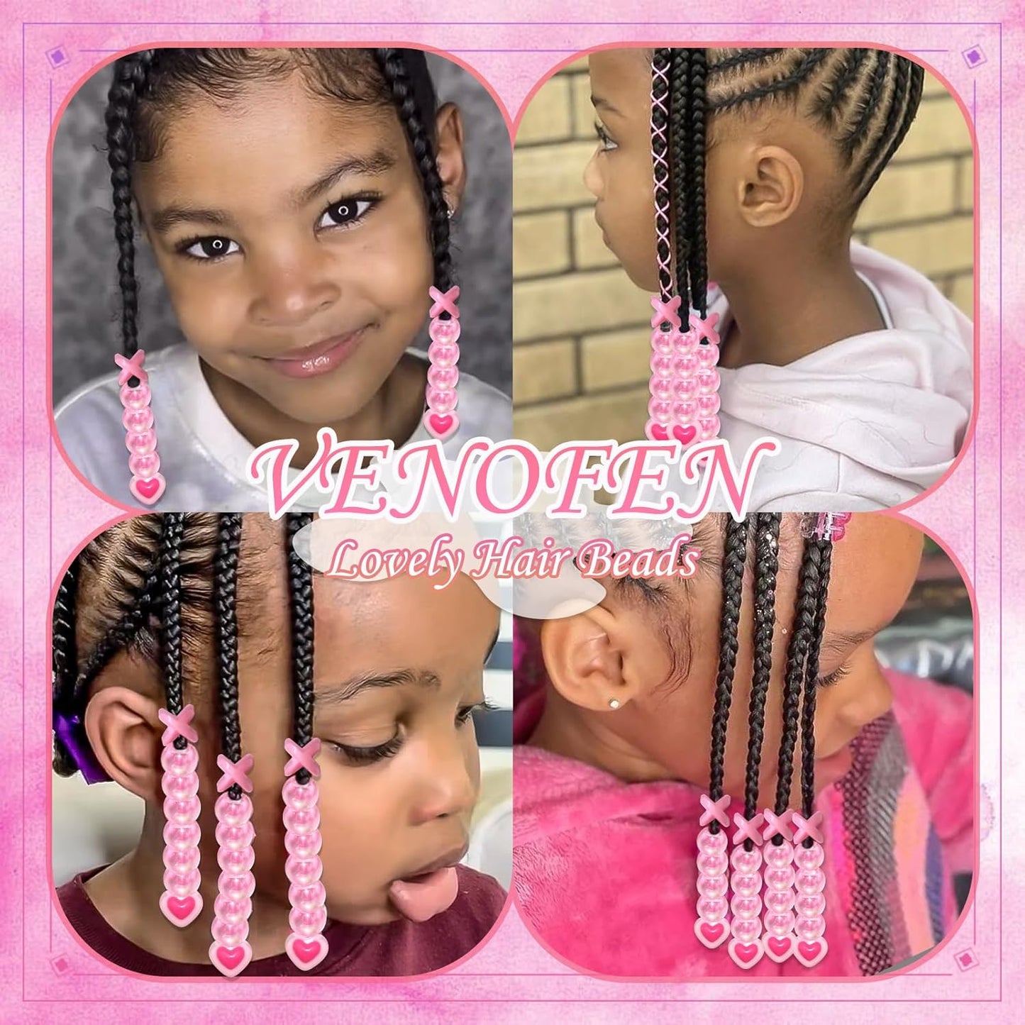 60PCS Pink White Hair Beads for Braids Three Styles Cute Loc Beads Heart Shape Bead for Kids Dreadlock AB Color Round Pony Bead Accessories