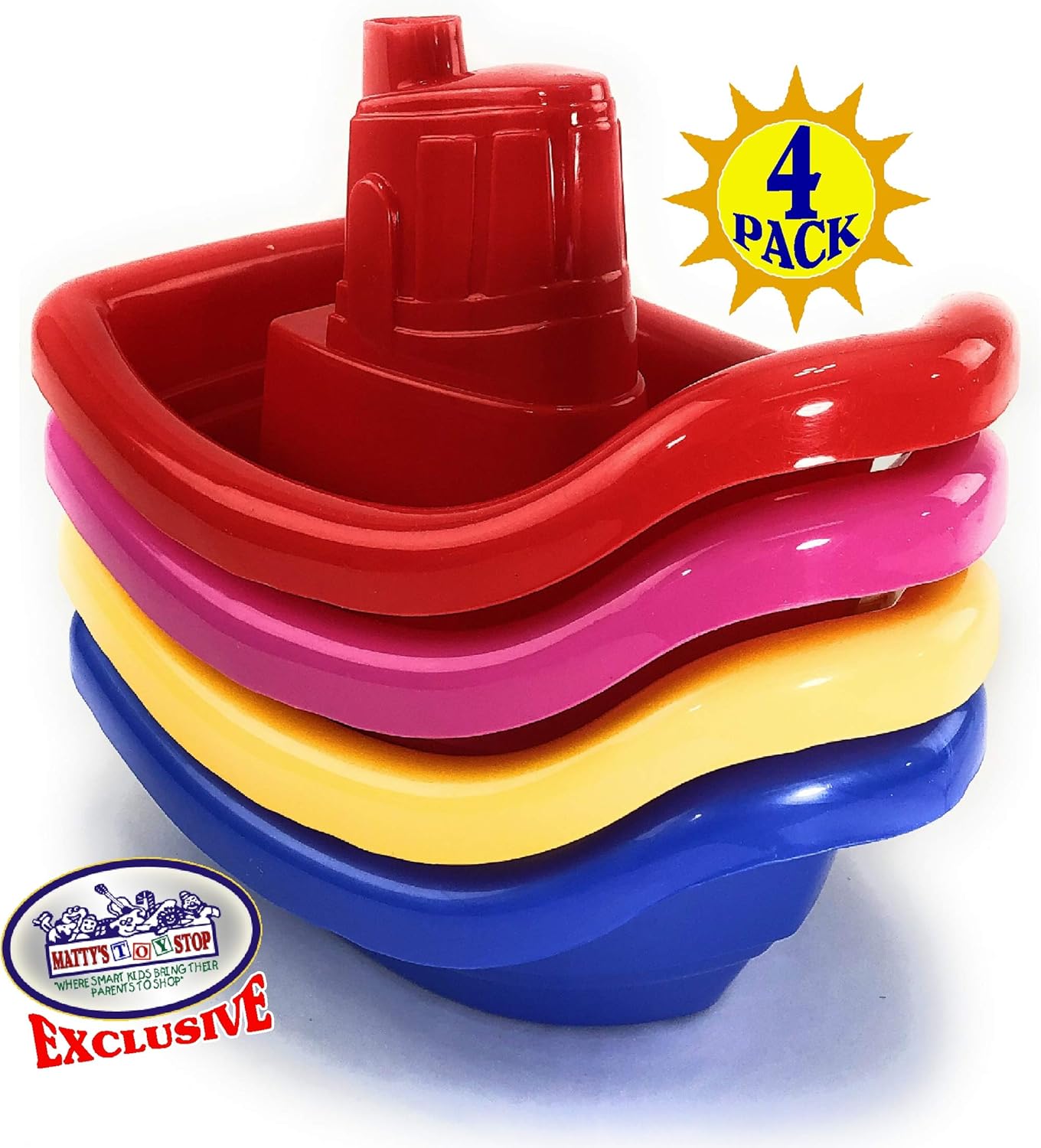 Matty's Toy Stop Plastic Nesting/Stacking Tug Boats (11") Red, Blue, Pink & Yellow Gift Set Bundle, Perfect for Bath, Pool, Beach Etc. - 4 Pack