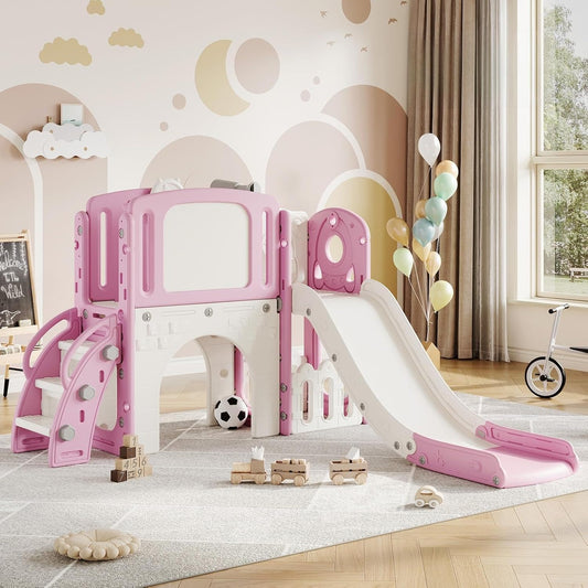 Garvee 8-in-1 Toddler Slide Indoor & Outdoor Playground Playset for Kids-Includes Climber, Basketball Hoop, Telescope, Tunnel, and Storage Space for Backyard & Courtyard Fun