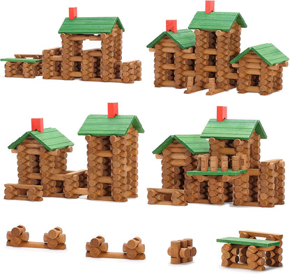 SainSmart Jr. 300 PCS Wooden Log Cabin Set Building House Toy for Toddlers, Classical STEM Construction Kit Compatible with Lincoln Logs for 3+ Kids