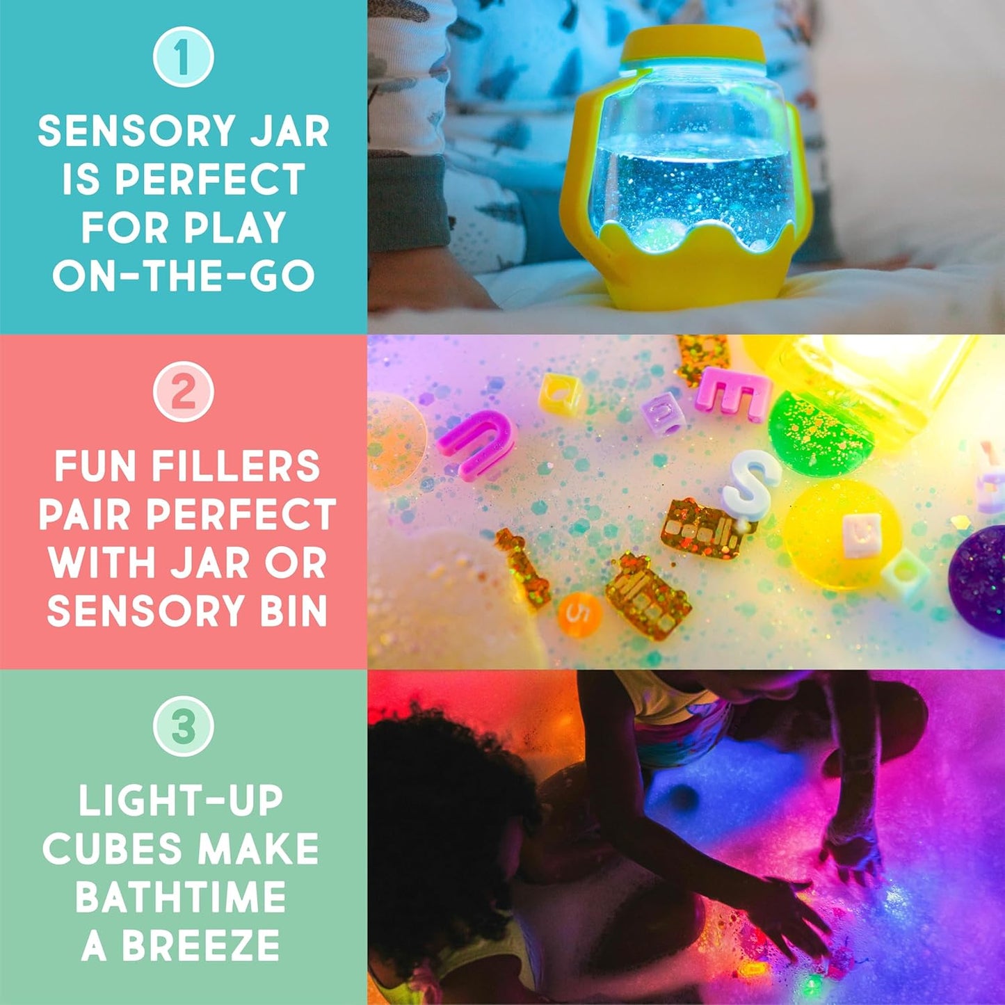 Glo Pals Water Activated Light-Up Sensory Bath Toy Play Jar, 4 Reusable Cubes and Fun Fillers for Bathtime and Sensory Play, Perfect for Kids and Toddlers, Easy As ABC