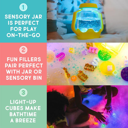 Glo Pals Water Activated Light-Up Sensory Bath Toy Play Jar, 4 Reusable Cubes and Fun Fillers for Bathtime and Sensory Play, Perfect for Kids and Toddlers, Easy As ABC