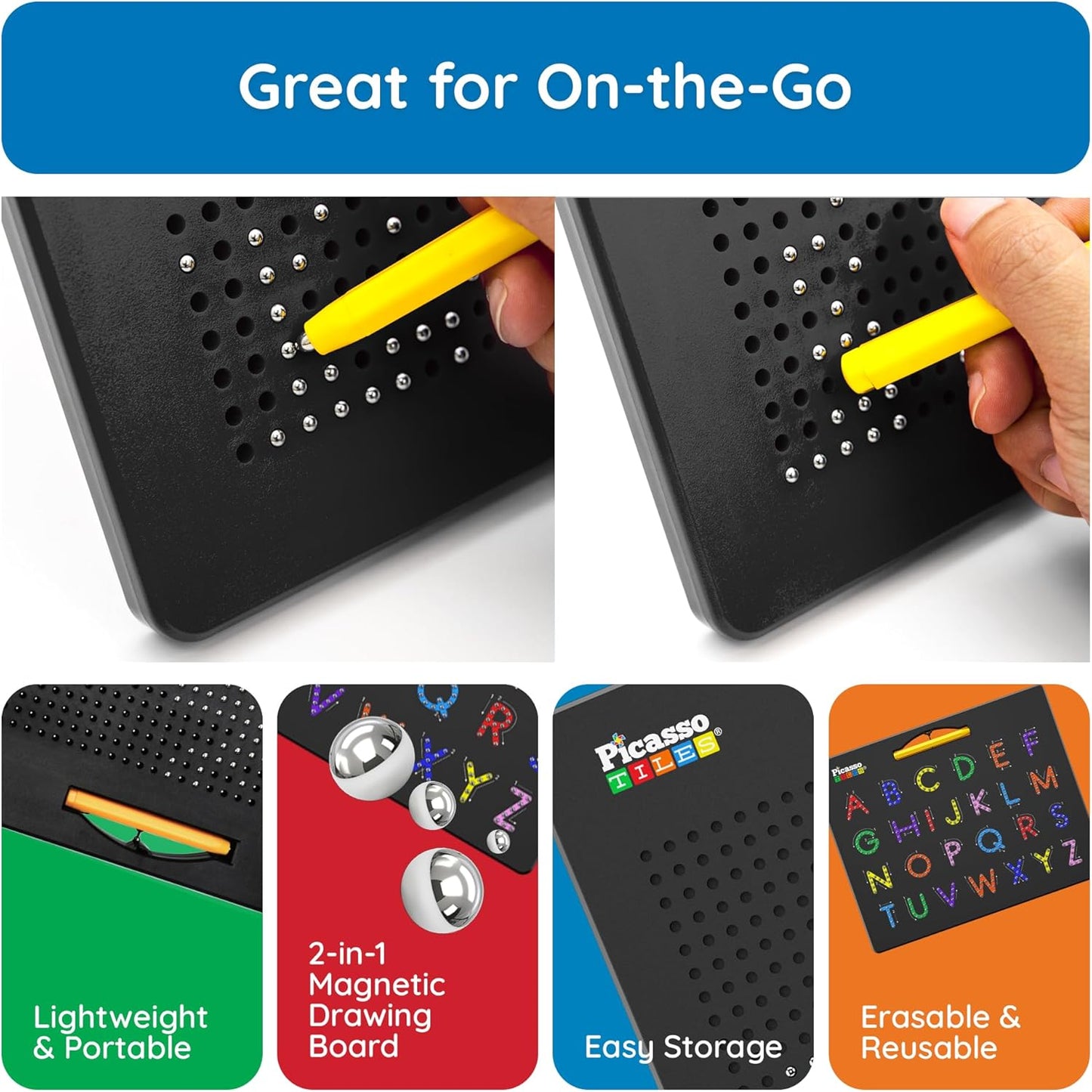 PicassoTiles 2PK 4-in-1 Magnetic Drawing Board 12x10 inch Large Magnet Tablet Pad with 4 Facings Lowercase & Uppercase Alphabets, Numbers, & Freestyle STEM Learning Writing Reading Playboard PTB06