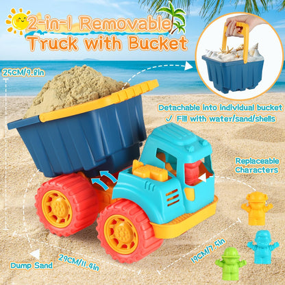 Elovien Beach Sand Toys, Large Dump Truck with Bucket, Sandbox Construction Toy Sand Castle Building Kit with Mesh Bag, Sand Molds, Shovels, Worker Figures, Kids Toddlers Summer Outdoor Travel Toys