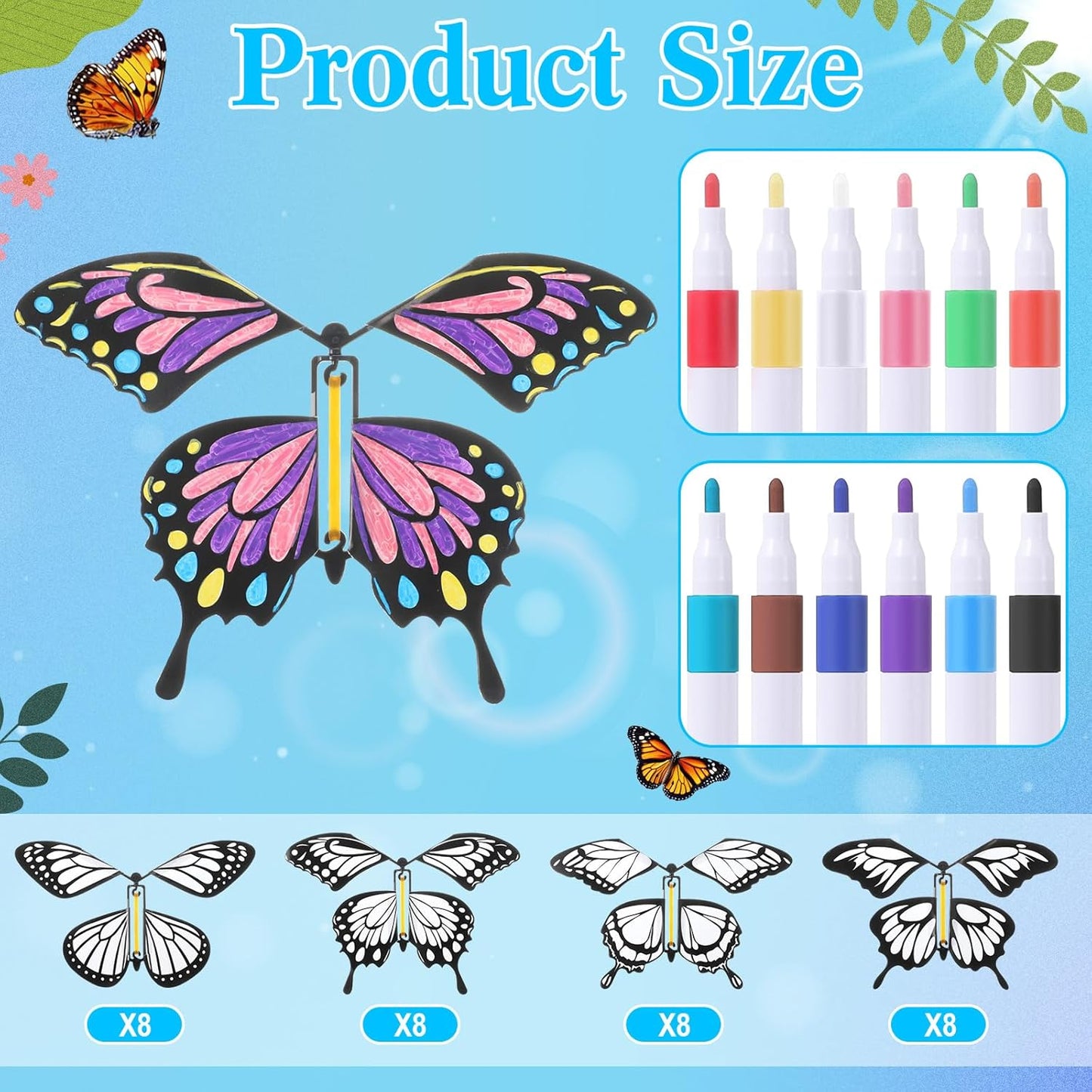 Seenelling 44 Pcs Flying Butterfly Craft Kit with 32 Wind up Butterflies and 12 Color Pens People Painting White Paper Butterflies DIY Toy for Party Game School Activity Birthday Gift (Style 3)