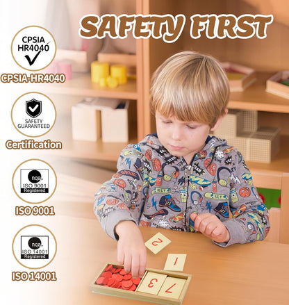 Montessori Wooden Math Counters with Number Cards & Chips 1-10 for Kids 3+ Years Old, Montessori Cards & Counters with Storage Box for Toddlers Math Learning, Preschool Math Toys for Classroom