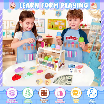 Wooden Ice Cream Toy, Ice Cream Counter Playset for Kids, Toddler Pretend Play Kitchen Accessories with Colorful Apron, Scoop, Menu, Fake Money, Birthday Gift Toys for 2 3 4 5 6 Year Old Boys Girls