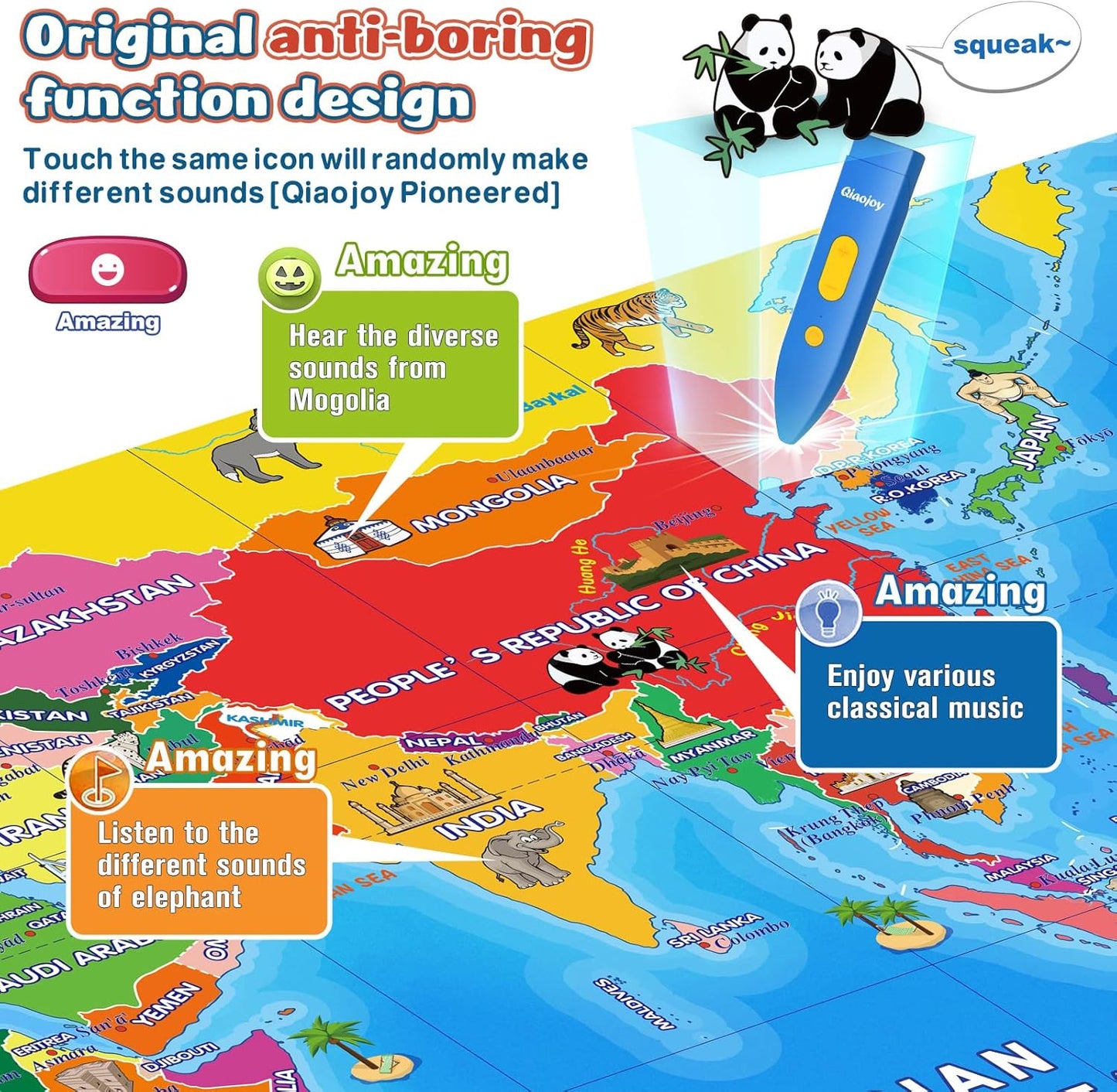 Qiaojoy Bilingual Interactive World Map for Kids Learning and Educational Toys, Talking Electronic Kids World Map i-Poster Geography Games Ages 3 to 12 Years Old, Custom Talking Birthday Gifts Card