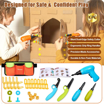 Kids Cardboard Construction Tool Set with Electric Drill & Tool Belt -258PCS, STEM Building Kit for Creative Craft Projects, Educational DIY Engineering Toy for Boys & Girls