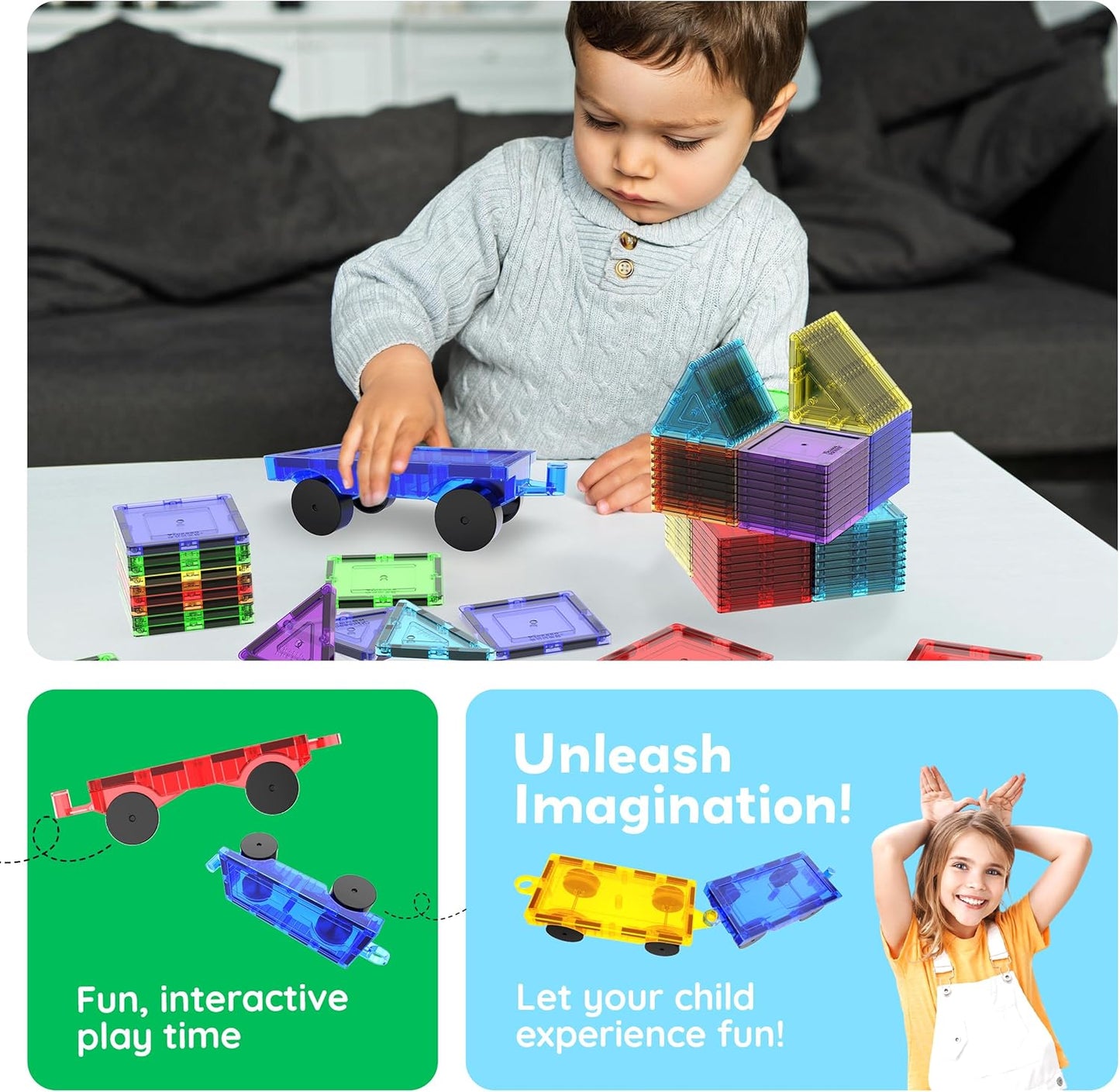 PicassoTiles 2 Piece Car Truck Construction Kit Toy Set Vehicle for Magnetic Blocks Building Tile Sensory Magnet Toys with Re-Enforced Hitch & Long Bed Educational Puzzle Girls Boys Toddlers Ages 3+