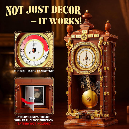 Retro Clock Building Block Set, Mechanical Pendulum Vintage Clock Toy with Real Functional Timepiece & Moving Gears, Home Decor & Housewarmings Gift for Man Woman & Adults Kids Ages 6+ (751 PCS)