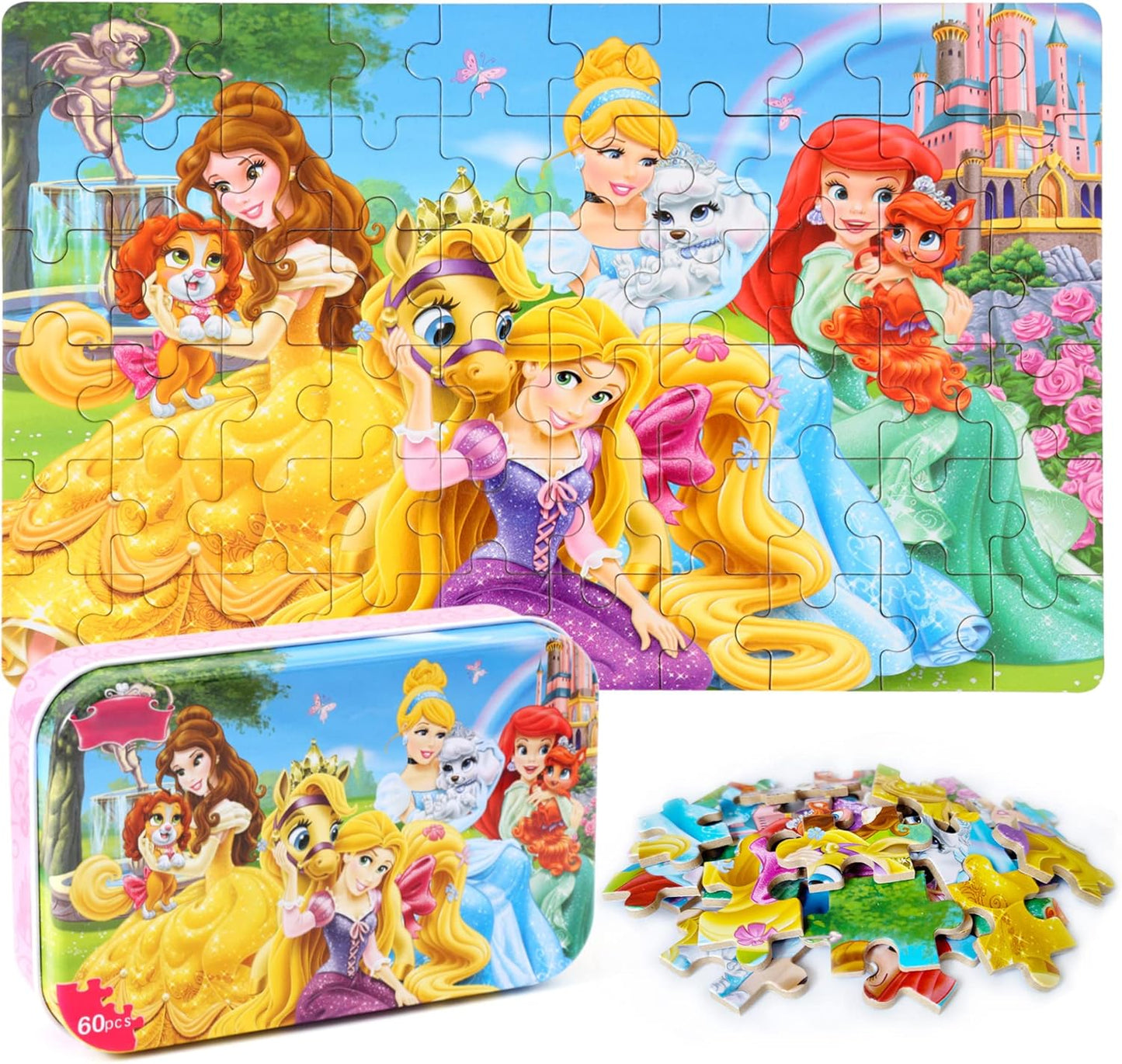 MZZOTOY Puzzles for Kids Ages 4-8, 60 Piece Puzzles for Kids Ages 3-5 in a Metal Box Girls and Boys Learning Educational Jigsaw Puzzle Toys Gifts