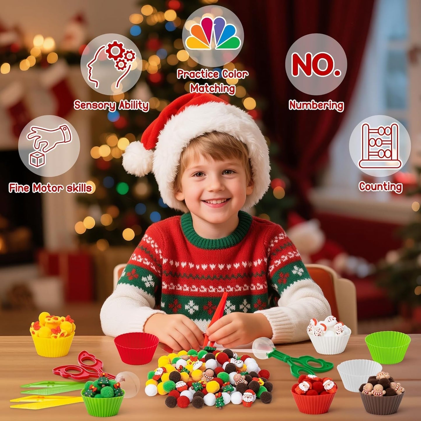 Summer Sensory Bin Fillers - 266Pcs Summer Gift Fine Motor Toys Counting Sorting Toys for Kids, Plastic Bead with Santa Claus Xmas Tree Cup Clip for Preschool Education Activities