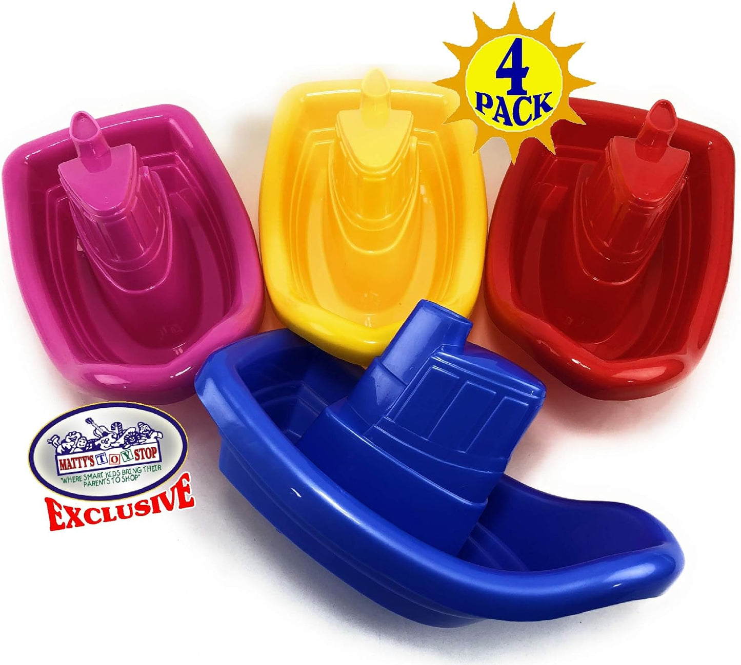 Matty's Toy Stop Plastic Nesting/Stacking Tug Boats (11") Red, Blue, Pink & Yellow Gift Set Bundle, Perfect for Bath, Pool, Beach Etc. - 4 Pack