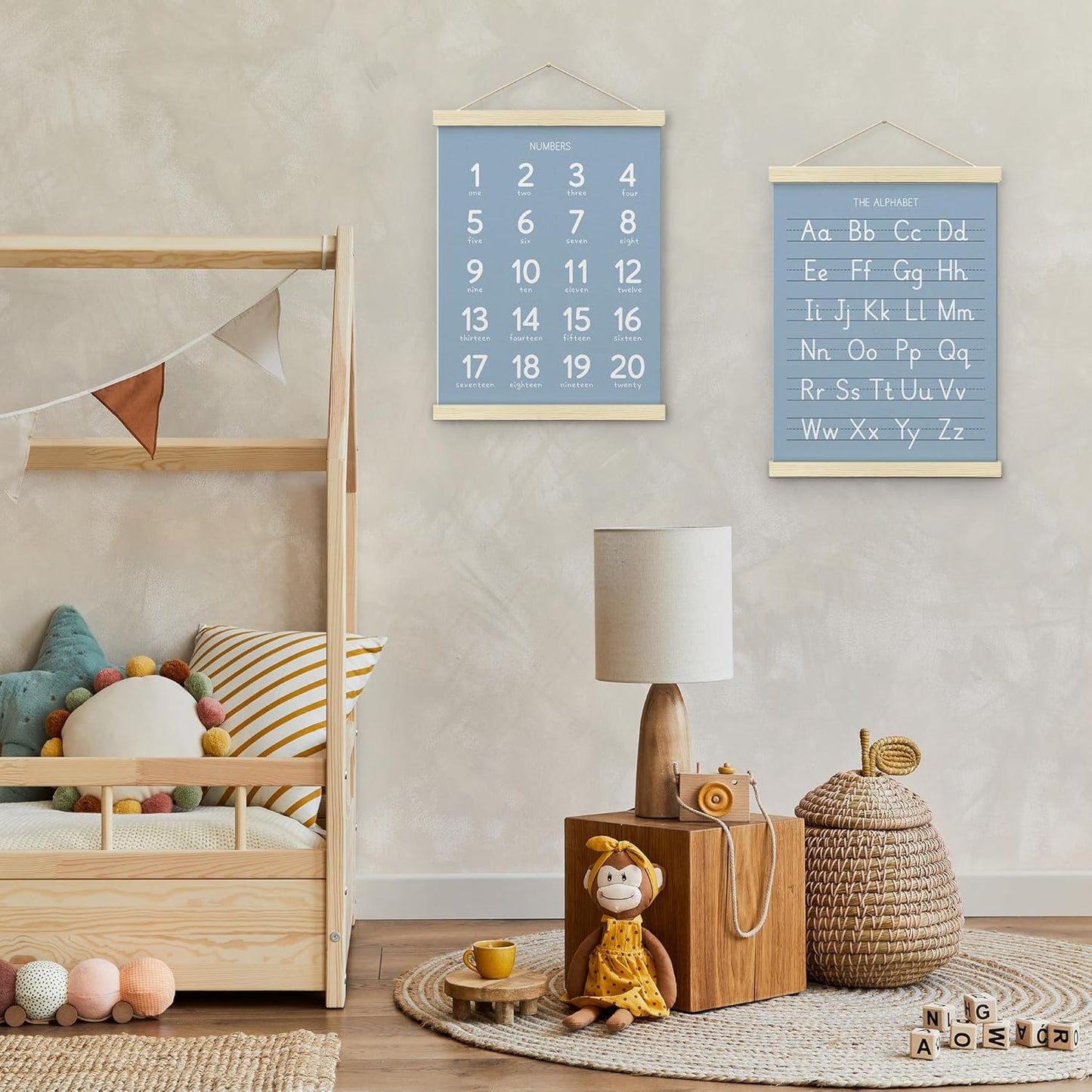 BONETAT Numbers alphabet poster for Nursery Toddlers, Play Room Wall Decor, ABC Wall Chart, Wall Hanging Decor for Toddler Playroom Decor Kids Wall Decor, Wooden Alphabet Banner-A02