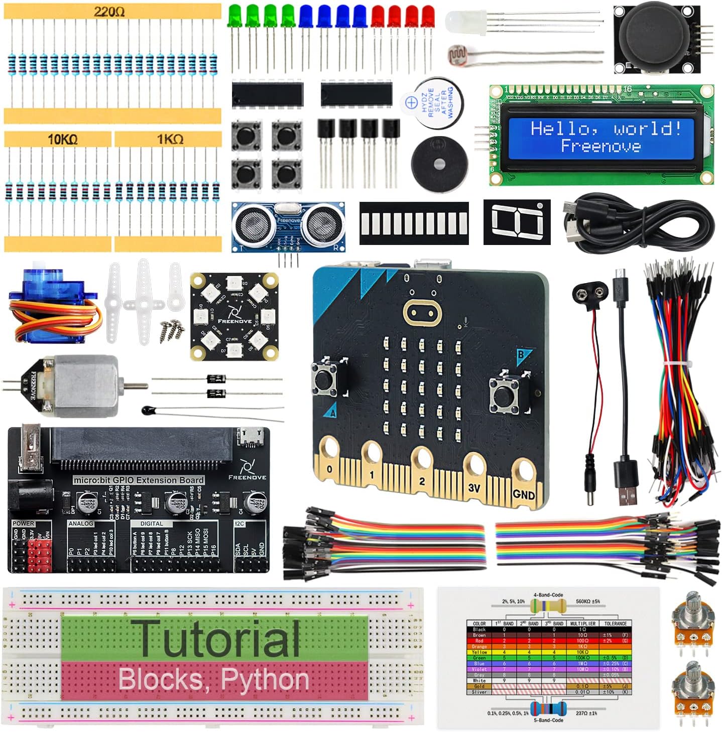 Freenove Super Starter Kit for BBC Micro:bit (Not Included, Works with V1 & V2), 266-Page Detailed Tutorial, 191 Items, 38 Projects, Blocks and Python Code