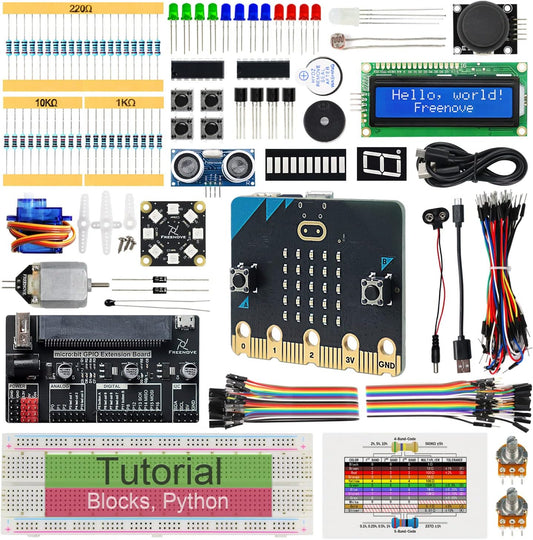 Freenove Super Starter Kit for BBC Micro:bit (Not Included, Works with V1 & V2), 266-Page Detailed Tutorial, 191 Items, 38 Projects, Blocks and Python Code