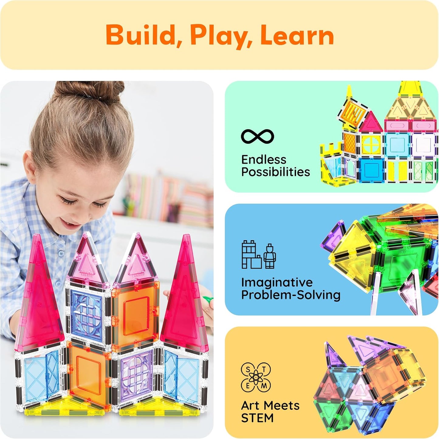 PicassoTiles 101 Piece Magnetic Tile Building Blocks Set with Durable Storage Bag STEM Educational Construction Magnet Toy Kit for Toddlers Preschool Kids Boys Girls Age 3 Plus Indoor Learning PT06