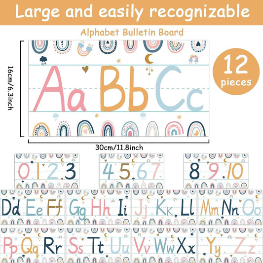 gisgfim 12 Pieces Alphabet Bulletin Board Strips Set Boho Rainbow Alphabet Line ABC Alphabet Banner & Number Border Posters for Preschool Kindergarten Classroom Playroom Bedroom (Boho)