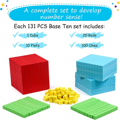 Simply magic 131 PCS Foam Base Ten Blocks for Math - Place Value Blocks, Base 10 Math Manipulatives K-3, Math Counters, Number Blocks, Math Cubes, Counting Blocks - Kindergarten 1st 2nd 3rd Grade