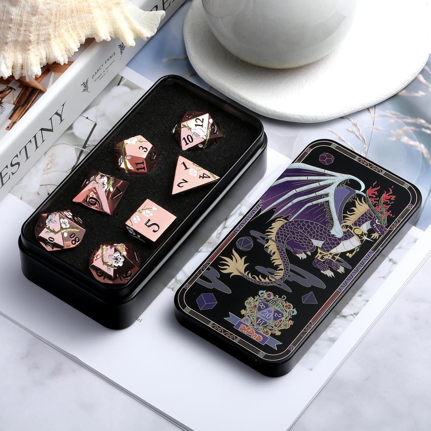 DnDnD Heavy Polyhedral Metal Dice Set with Metal Box, 7-die Shiny Blue Surface with Golden Number for RPG,Dungeons and Dragons,Pathfinder,Shadowrun,D&D,Role Palying Game and Math Teaching - Colors A