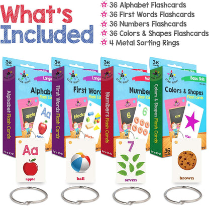 Star Right Flash Cards Set of 4 - Numbers, Alphabets, First Words, Colors & Shapes - Value Pack Flash Cards with Rings for Pre K - K