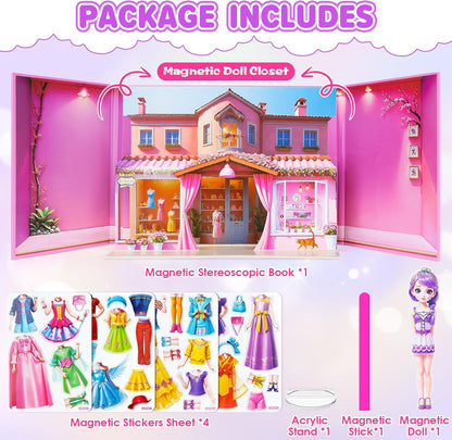 Magnetic Dress Up Dolls for Girls - Princess Magnet Paper Dolls Book with 3D City Buildings - Travel Car Trip Quiet Book Game Toys Easter Birthday Gifts for Kids Toddlers Ages 3 4 5 6 7(Style C)