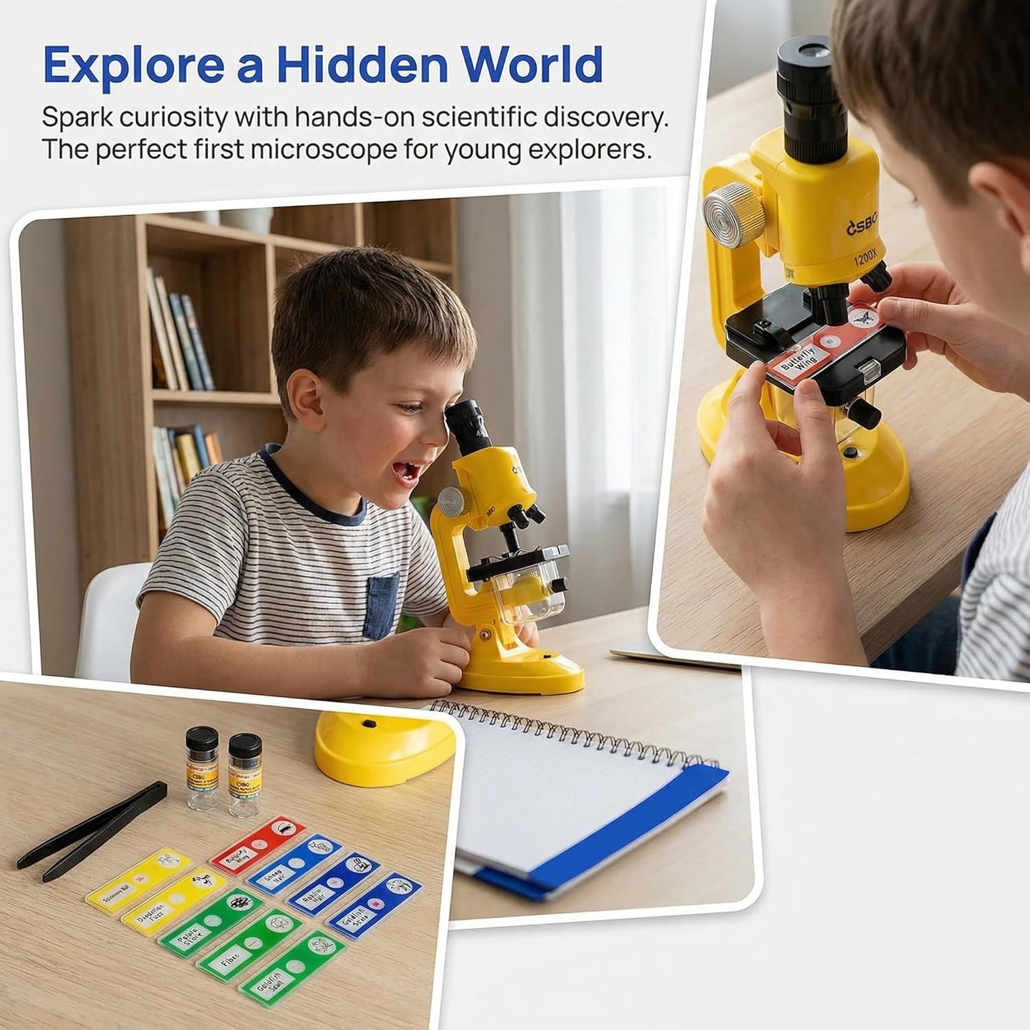 Kids Microscope Kit with LED Light - 100X/400X/1200X Magnification for STEM Learning, 12 Prepared Slides, Easy-to-Use Science Learning Kit (Ages 5-12) - Yellow
