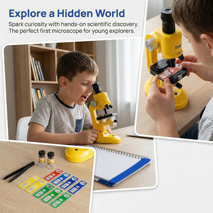 Kids Microscope Kit with LED Light - 100X/400X/1200X Magnification for STEM Learning, 12 Prepared Slides, Easy-to-Use Science Learning Kit (Ages 5-12) - Yellow