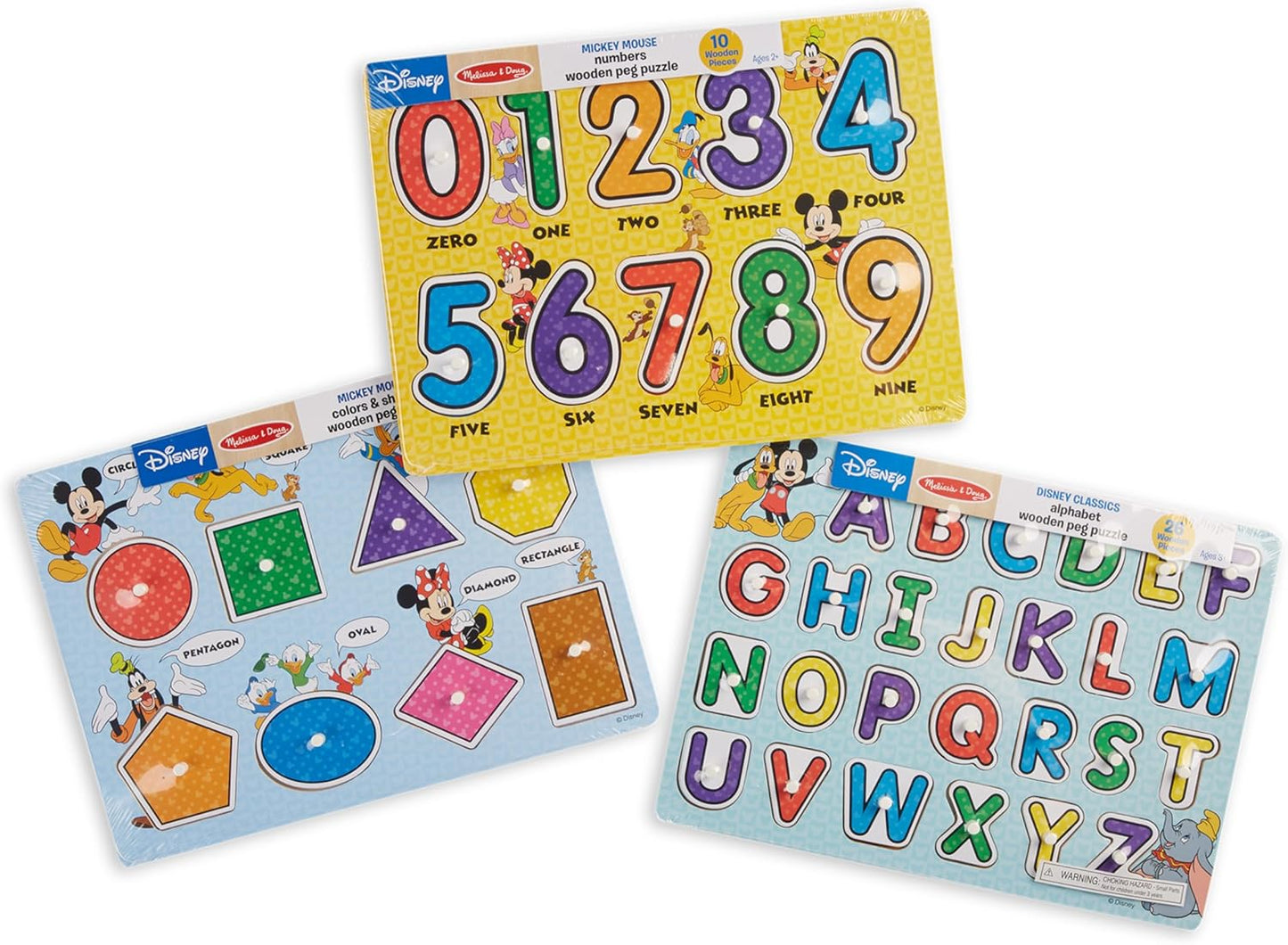 Melissa & Doug Disney Wooden Peg Puzzles Set: Letters, Numbers, and Shapes and Colors