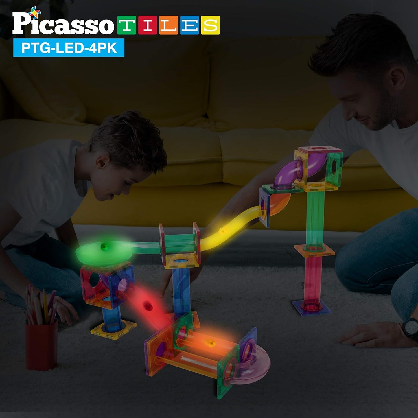 PicassoTiles 50PC Marble Run Race Track + 4PC LED Light-Up Glow in The Dark Translucent Balls: STEAM Educational Playset for Kids - Fun Learning Construction Toy, Creative Design, Sensory Development