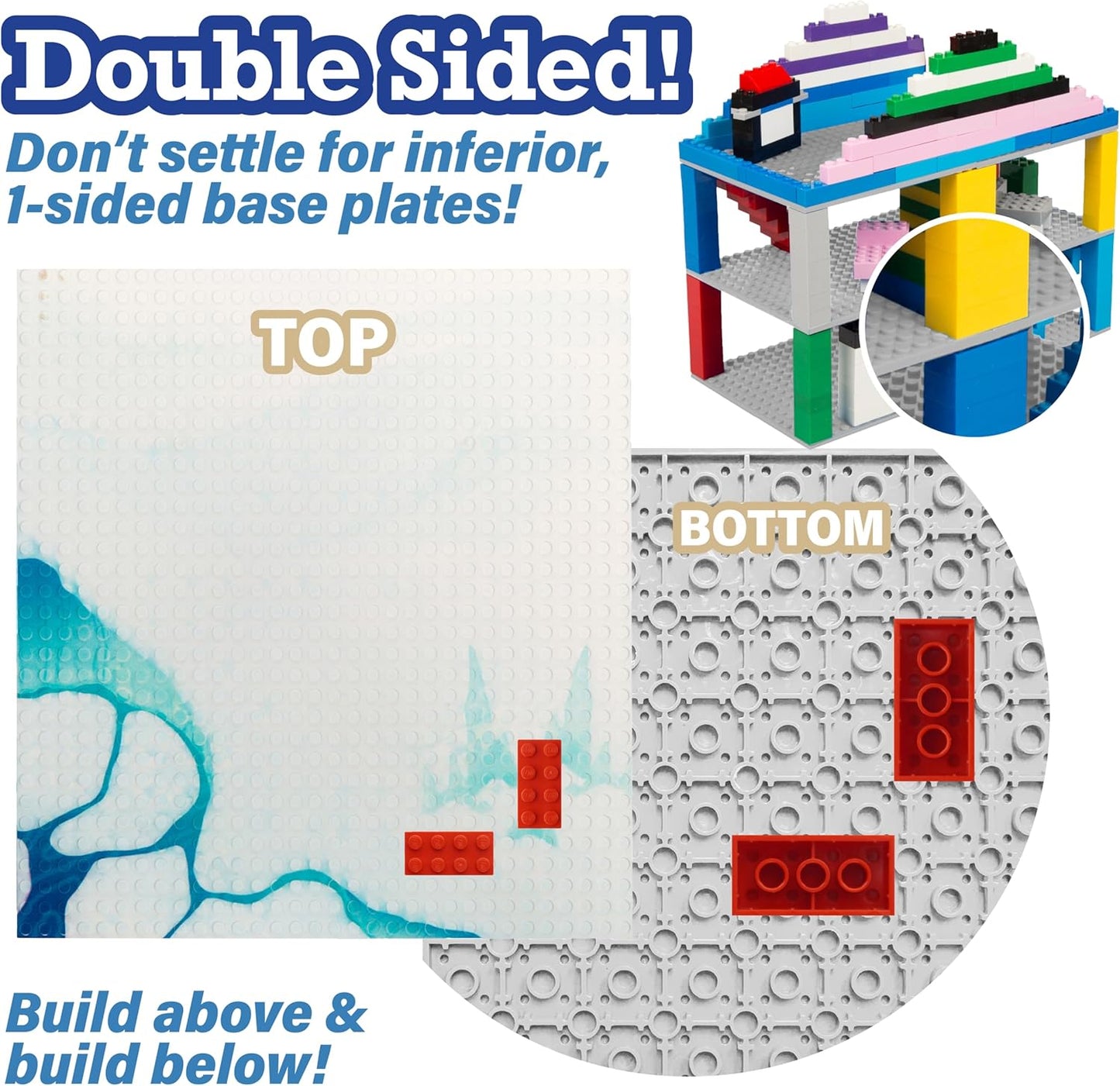 Arctic Terrain Baseplates for Building Bricks - Set of 2 Large 10"x10" Building Plates - Dual Connectivity, Build on Both Sides - Compatible, Tight Fit w Major Brands - STEM Toy & Kids Bday Gift
