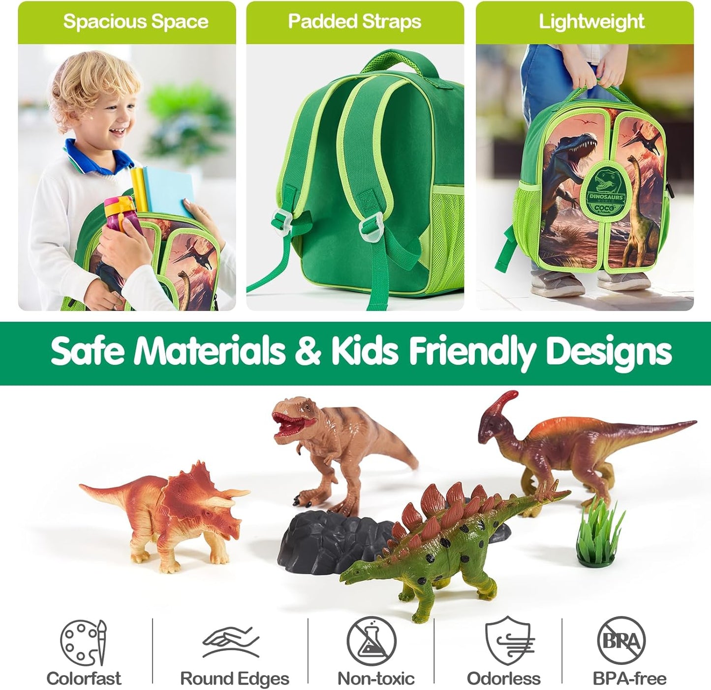 COCO&Friends Dinosaur Toys for Kids 3-5 - Portable Dinosaur Backpack Play Set with Foldable 3D Mat, Pretend Play Toy for 4 Year Old Boy Birthday Gift - Travel Outdoor Beach Toys for Kids Ages 4-8
