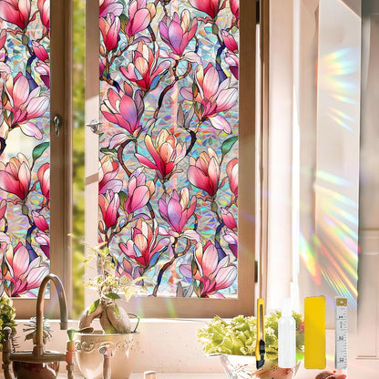 Flower Stained Glass Window Film Decorative Static Cling Stickers Sun Blocking Privacy Decals for Home Car White Lily