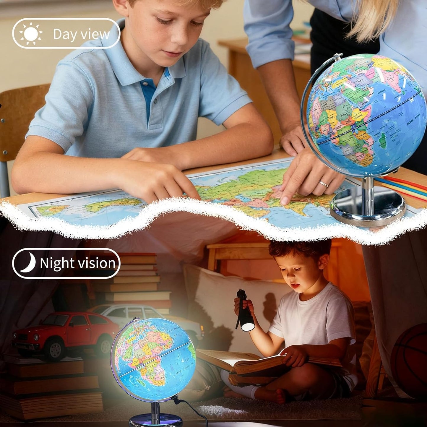 8'' Illuminated Globe for Kids(World Globe with Stable Heavy Metal Base Rewritable Easy-Read High Clear Map Educational Interactive for Children Learning STEM Toy Present for 3+ Years Old)