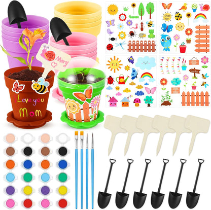 SiliFine 24 Sets Spring Kids Plant Growing Kit Flower Pots Cupcake Plant Nursery Pots Gardening Kit for Kids with Paint and Stickers Labels Name Tag for Easter Mothers Day Craft Bulk Classroom