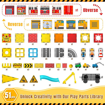 SKTMYY Magnetic Tiles Construction Toys with Road & Crane & Marble Run, Double-Sided Fire Station & Building Magnet Tiles for Kids Ages 4-8, STEM Magnetic Blocks Gifts for 3 4 5 6 7 8 Year Old Boys