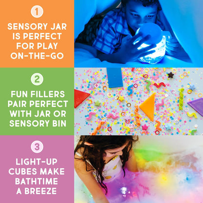 Glo Pals Water Activated Light-Up Sensory Bath Toy Play Jar, 4 Reusable Cubes and Fun Fillers for Bathtime and Sensory Play, Perfect for Kids and Toddlers, Easy As ABC